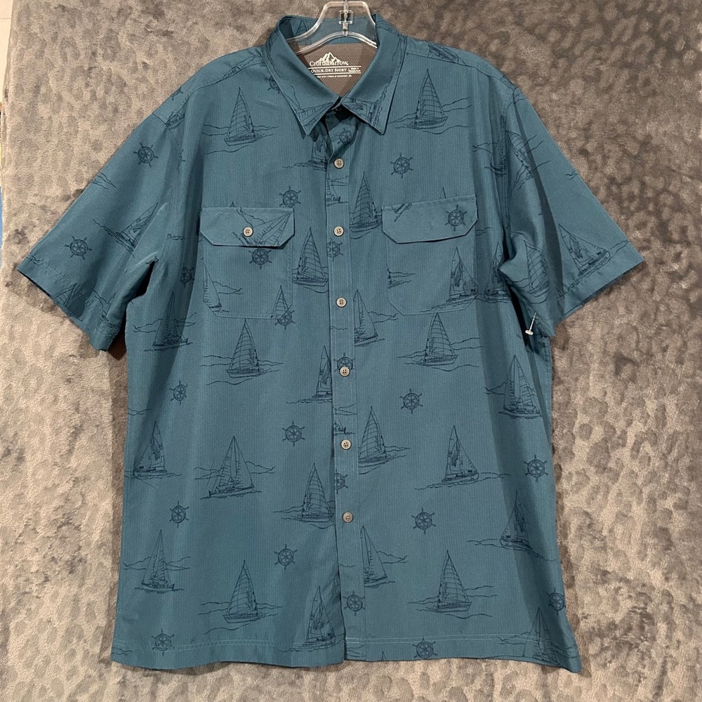Croft & Barrow Mens Large Teal Nautical Sailboat Quick Dry Fishing Shirt L